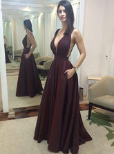 Burgundy Long Prom Evening Dress, Deep V-Neck A-Line Satin with Pocket